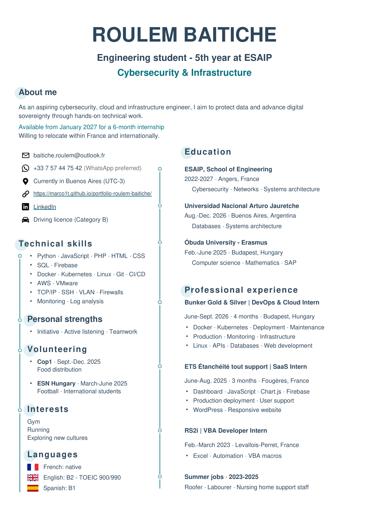 Preview of the first page of Roulem Baitiche’s resume