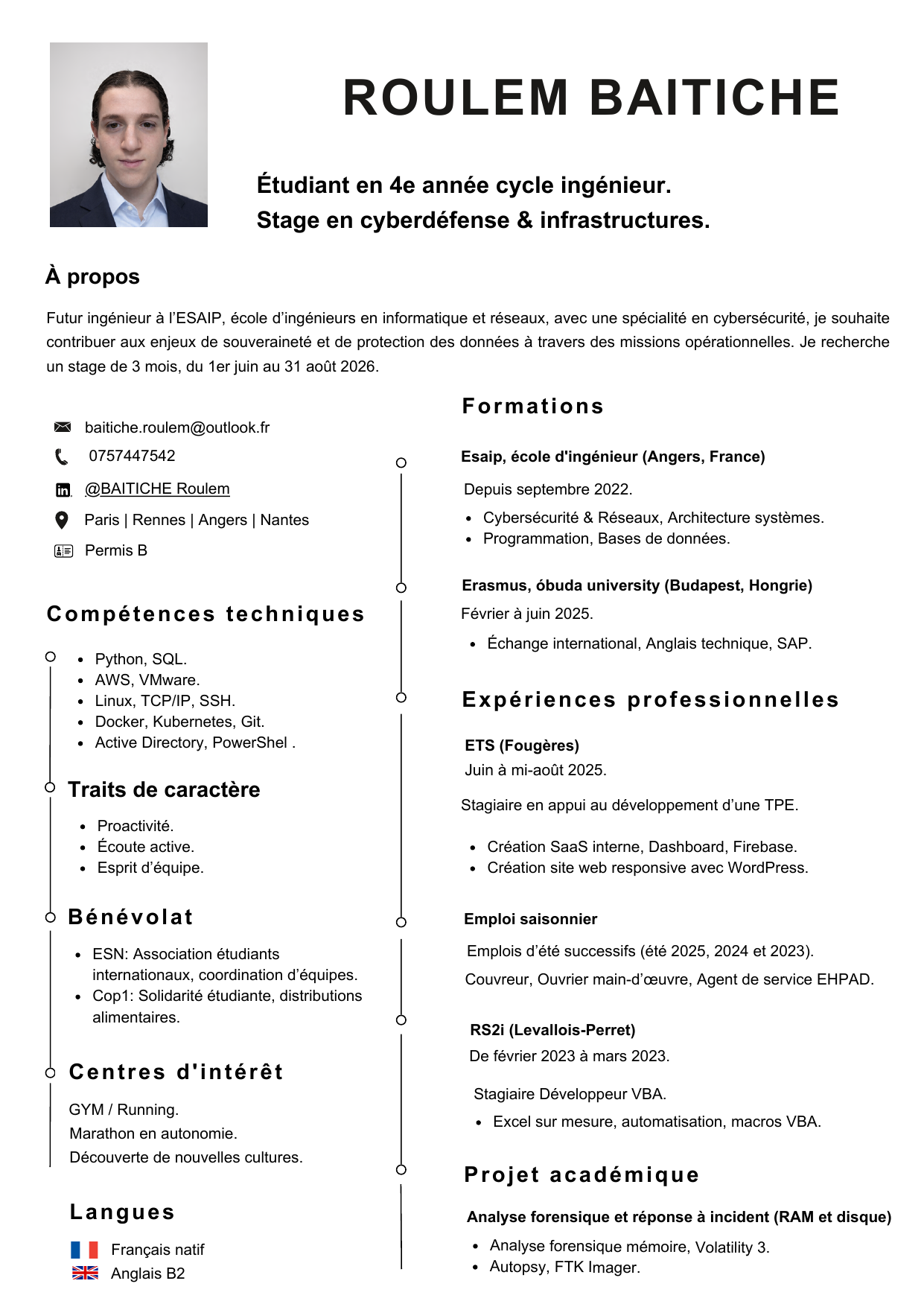 Aperçu de la première page du CV de Roulem Baitiche